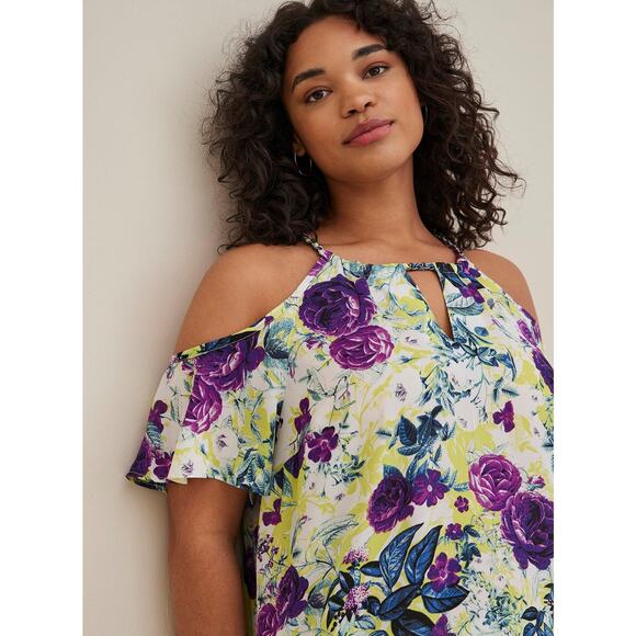 Torrid Georgette Chain-Link Cold-Shoulder Blouse • Floral White • Size 5XL - Picture 6 of 12